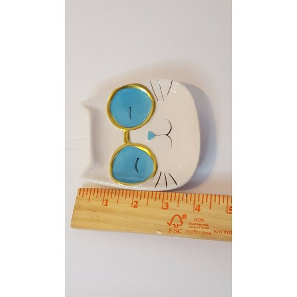 Cool Cat Trinket Jewelry Tray Nightstand Dish Plate Ceramic White Sunglasses - Picture 5 of 5